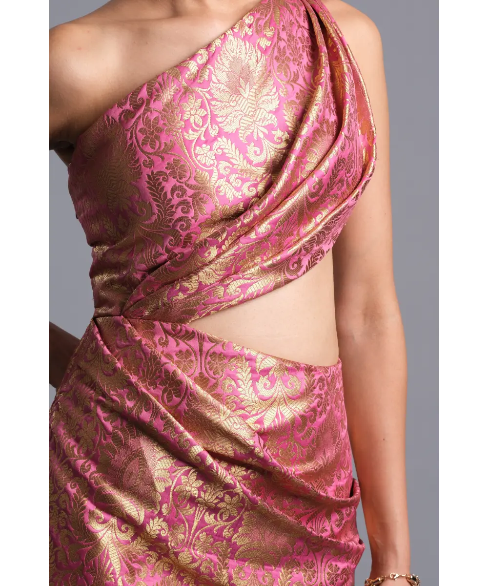 AASTHA SOOD - Bubblegum pink Asymmetric Brocade Dress
